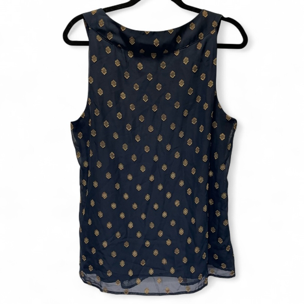 Roz & Ali Pleated Tank Top Blouse Navy Gold Metallic Diamond L Geometric Dressy - Picture 5 of 6